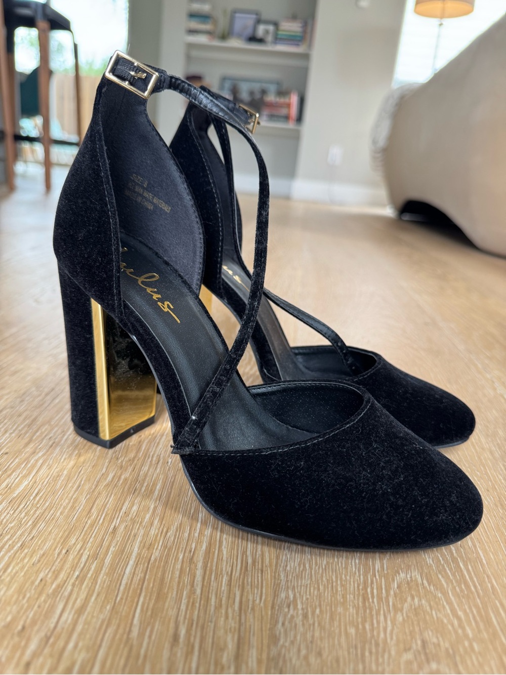 Lulu's Black Velvet Crisscross Block Heel Pumps with Gold Accent